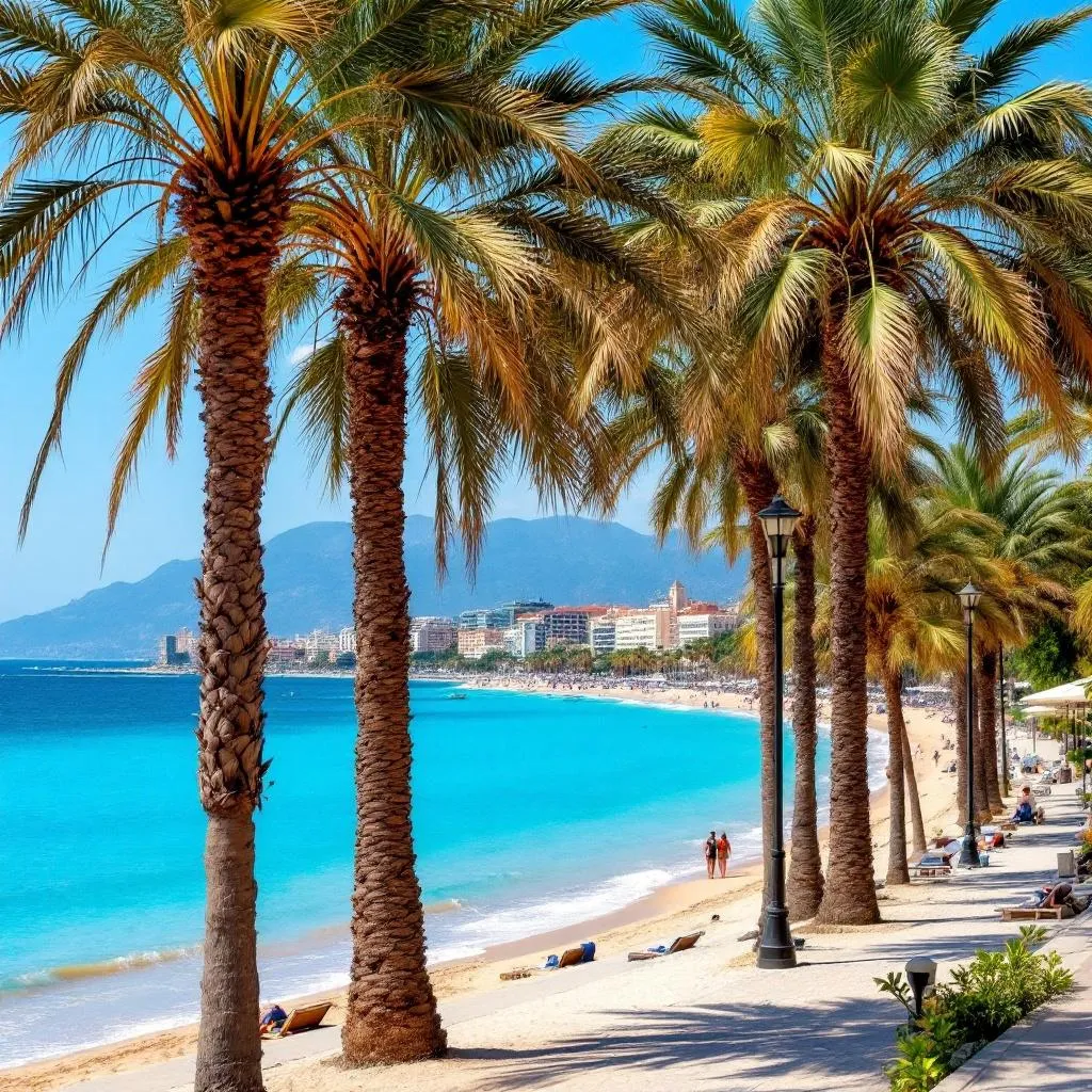 Antalya sahil şeridi, turkuaz deniz ve palmiyeli sahil yolu manzarası