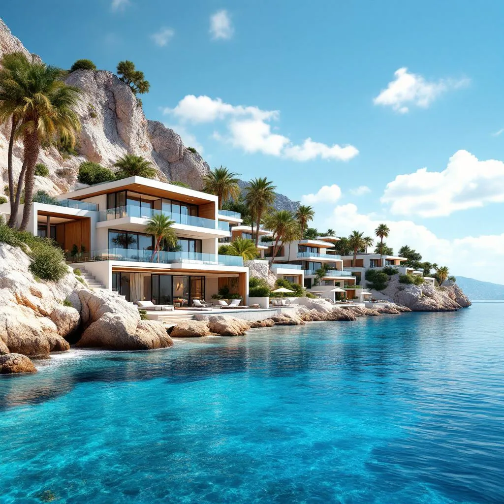 Antalya'nın muhteşem sahil şeridinde lüks konutlar ve turkuaz deniz manzarası