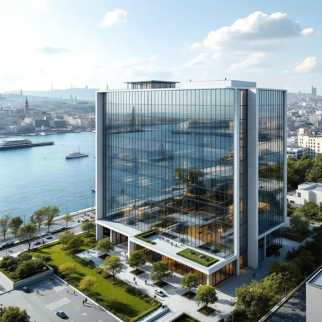 İstanbul Boğazı manzarasına bakan modern bir ofis binasının dış görünümü