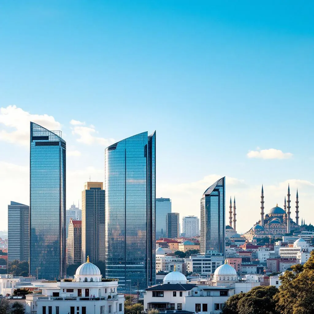 İstanbul silueti ve modern gökdelenlerin panoramik görünümü