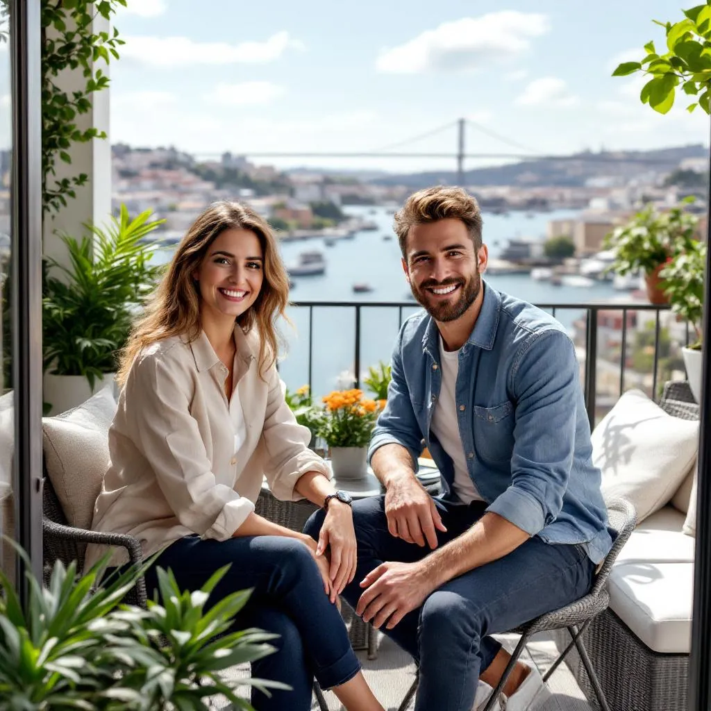 Türkiye'de İstanbul Boğazı manzaralı modern bir dairenin balkonunda oturan mutlu bir yatırımcı çift